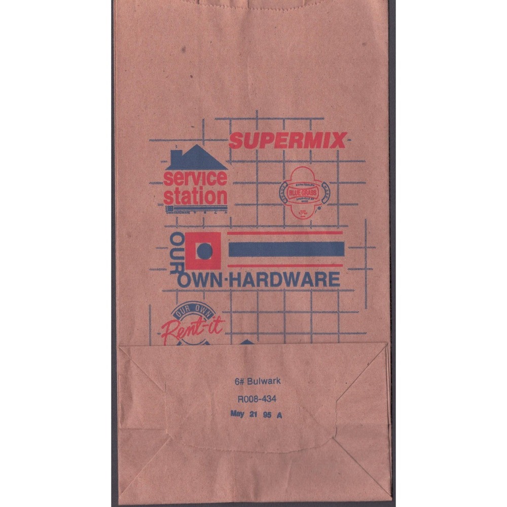 Vintage 1995 Our Own Hardware Paper Bag Supermix Blue Grass Louisville KY